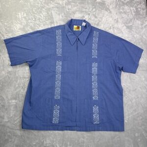 Vintage 80s Genuine Haband Guayabera 4 Pocket Embroidered Blue Shirt 3X Men's
